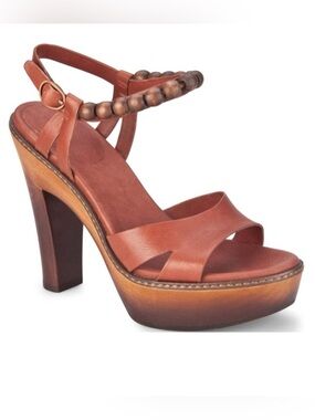 UGG Tan Brown Leather Platform Sandal with Beaded Ankle Strap